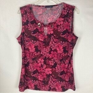 Tommy Hilfiger Sleeveless Top Womens Medium Red‎ Floral Print Front Accented Top